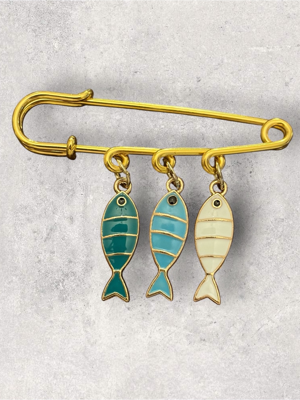 Gold Safety Pin Brooch with Teal, Aqua and Cream Fish Charms - Pets Fish